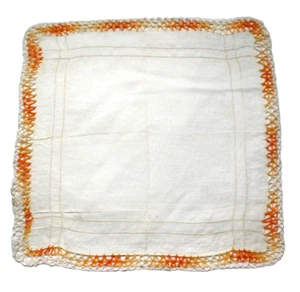 VTG Ladies Handkerchief Hanky White Hand Crochet Border Orange 12.5 Inch Sq - Picture 1 of 2