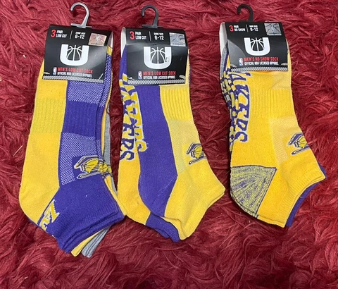 Lot Of 3 NBA Los Angeles Lakers 3-Pr x3 Purple Yellow Grey Socks NEW Mens 6-12 Cover
