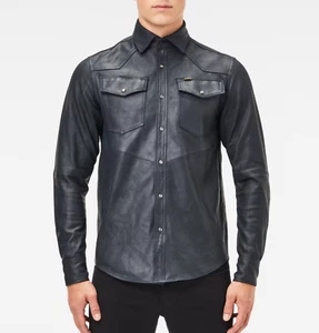 G-Star RAW 3301 REGULAR OVERSHIRT JACKET STOUT SMOOTH LEATHER Mazarine Blue M - Picture 1 of 8