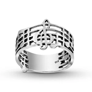 Musical Note/Notes Band .925 Silver Ring-9 - Picture 1 of 6