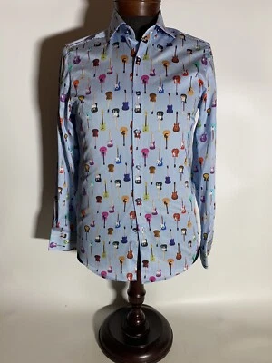 Camisa Mondo Para Hombres Manga Media Larga Estampado de Guitarra Azul Claro Ajustada con Botones Foto 1 de 4