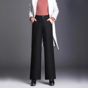 Women Wide Leg Heavy Wool Blend Pants Trousers High Waist Thick Formal Bottoms - Picture 1 of 14