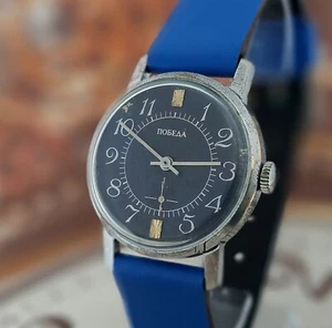 Vintage Watch USSR Pobeda 2602 Blue Dial Soviet Dress mechanical Wristwatch Zim - Picture 1 of 18