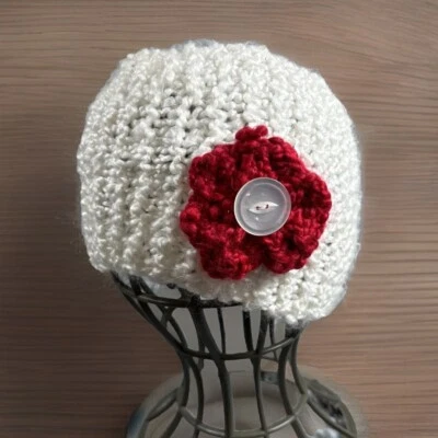 Diadema Calentador de Orejas Blanco Tejido a Mano Crochet Rojo Amapola Cola de Caballo Sombrero Aleta Niña Foto 1 de 4