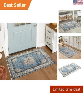 Blue Distressed Floral Medallion Rug - 2' x 3' Non-Slip Low-Pile Doormat - Picture 1 of 12