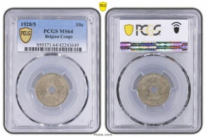 1928/5, Belgian Congo, Albert I. Cu-Ni 10 Centimes Coin. Overdate! PCGS MS-64! - Picture 1 of 1