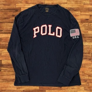 Polo Ralph Lauren Spellout USA Patch Long Sleeve T Shirt Men’s Large Navy Blue - Picture 1 of 7