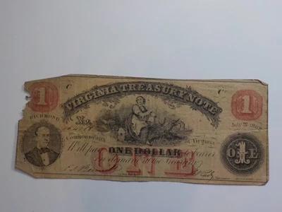 Civil War Confederate 1862 1 Dollar Bill Virginia Treasury Note Paper Money - Image 1 of 2