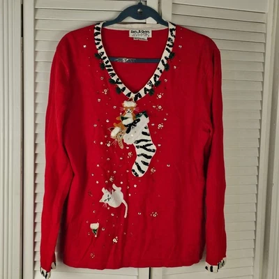 Cardigã suéter vintage Jack B quick vermelho enfeitado meia gato Natal GG - Imagem 1 de 4