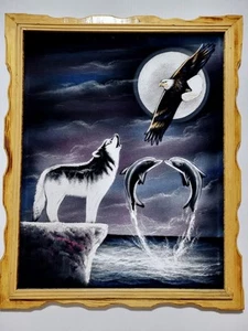 Dipinto olio vintage Messico anni 70 feltro nero "Aquila, lupo, delfino" 22,5x18,5 incorniciato - Foto 1 di 8