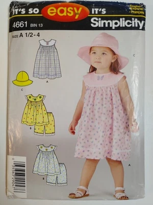 Simplicity 4661 Dress Top Panties Hat Sewing Pattern Girls 6M 1/2 1 2 3 4 Easy - Image 1 of 4