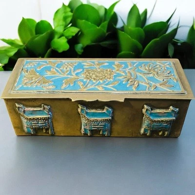 Antigua caja de baratijas estampillas de latón champleve esmalte chino diseño de flores azules Foto 1 de 4