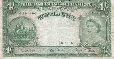 Bahamas  4/-  ND. 1953  P 13d  Series  A/6  Que. II  Circulated Banknotes IJ 5 - Image 1 of 2