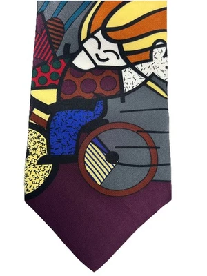 FIRMADA Corbata de Seda Romero Britto Para Hombre 58”x3.75” Hecha en EE. UU. Niña Sobre Bicicleta Rayas Foto 1 de 4
