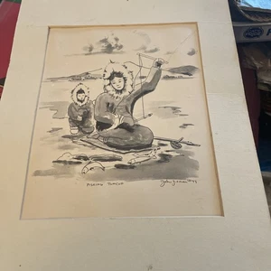 Obra de arte pesca Tomcod pesca en hielo 1943 firmada John J.Oomen sin marco  - Imagen 1 de 5