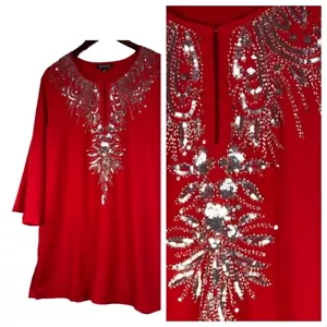 Naeem Khan Timeless Top Tunic Kaftan 1X 16 18 Red Beaded Embellished W - Picture 1 of 6
