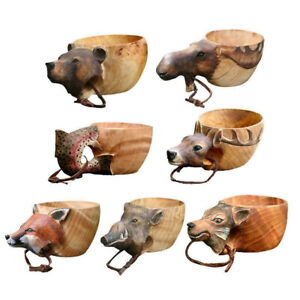 Hand Carved Wooden Mug Animals Head Image Cup Wooden Mug Portable Drinking Cup