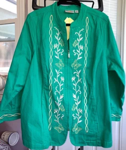 NWT 2X Quacker Factory GREEN  Denim Jacket GOLD SILVER EMBROIDARY FLOWERS - Picture 1 of 6