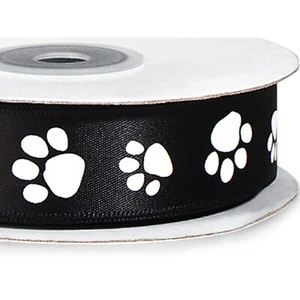 7/8" Wide White Paw Print on Black Single Faced Satin Ribbon - 25 Yards (sf5bk) - Picture 1 of 1