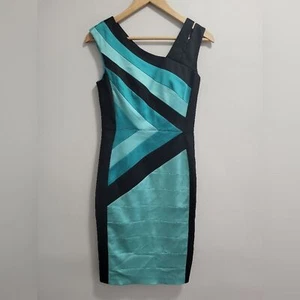Jax Turquoise Cocktail Bandage Above The Knee Colorblock Striped Dress Size 4 - Picture 1 of 8