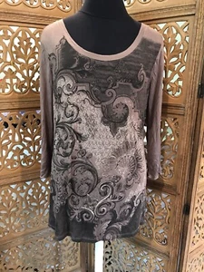 B.L.E.U. Woman 3/4 Sleeve Top Browns/Black U Neck Size Large - Picture 1 of 7