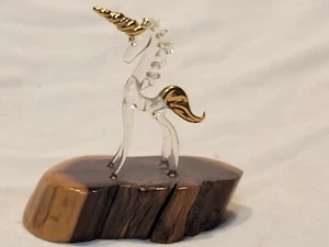 Dainty Spun Glass with Gold accents Unicorn on Polished Wood Base - Picture 1 of 10