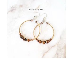 Gold Crystal Beaded Hoop Earrings, Gold Bronze Crystal Earrings Women - Bild 1 von 3