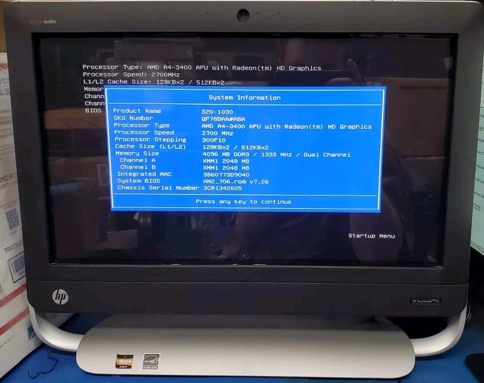HP TouchSmart 320-1030 AMD A4-3400 4GB DDR3 Ram 20" Touch All-In-One NO HDD - Image 1 of 3