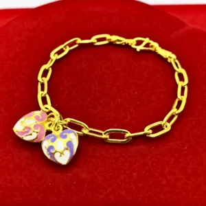 Bracelet Double Heart Pendant 24k Chain Thai Baht Gold Plated Jewelry Women Cute - Picture 1 of 6