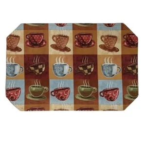 Coffee Time Placemats Printed Lined Reversible Retro Block Pattern Set of 4 - Picture 1 of 12