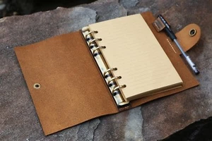 Personalized refillable 6 ring rustic leather A6 journal cover with pen holder - Picture 1 of 12