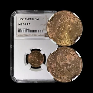 CYPRUS. 1955, 3 Mils - NGC MS65 - QEII, British Crown Colony, Flying Fish - Picture 1 of 5