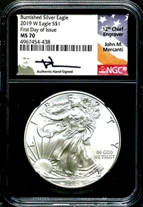 2019-W $1 American Burnished Silver Eagle NGC MS 70 FDOI Mercanti Sig  BS247 - Picture 1 of 2