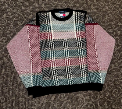 Suéter Tommy Hilfiger Vintage Para Hombre Lana Nórdica Mezcla Algodón Geométrico Talla XL Foto 1 de 4