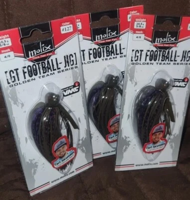 Señuelo de plantilla de fútbol Molix GT; Golden Team Series (3/8 oz) Grn Pump/rojo púrpura (¡Tres!) Foto 1 de 4