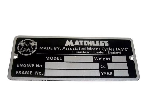 MATCHLESS ID TAG DATA PLATE 500 650 TWINS MODEL 20 G9 G12 41 G80 CS ...