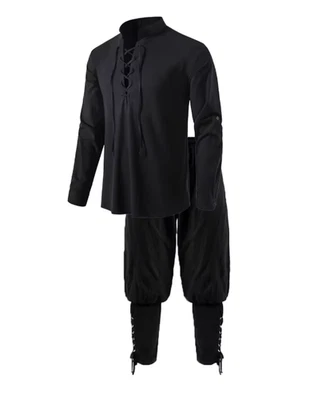 2 peças conjunto de fantasia masculina medieval cavaleiro renascentista pirata camisa e calça Hallowee - Imagem 1 de 4
