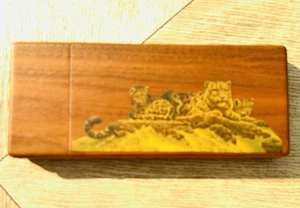 Vtg Wooden Pencil Box 9.5” Handcrafted Hinged Lid Big Cat Jungle Desk Caddy MCM - Picture 1 of 5