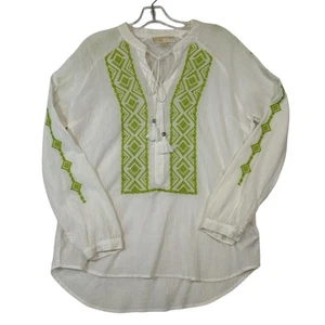 Michael Kors Tunika Top Gr. L weiß / limettengrün bestickt langarm Boho - Bild 1 von 14
