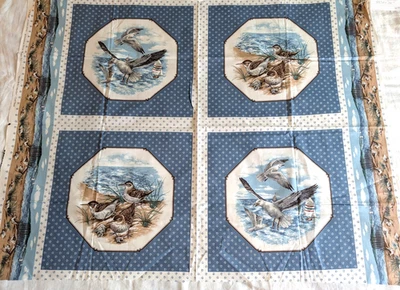Cranston Cotton Fabric Beach Sand Seagulls Shells Blue Squares Panel 45" x 36" - Image 1 of 4