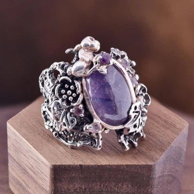 Artisan Sterling Brutalist Fantasy Rabbit Bunny Forest Sapphire Amethyst Ring - Image 1 of 4