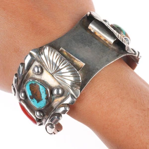 Pulsera brazalete reloj navajo plata esterlina turquesa/coral Pilot Mountain 7" - Imagen 1 de 9