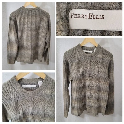 Perry Ellis Braided Knit Front Sweater Men's Med Gray Taupe Pullover Excellent - Image 1 of 4