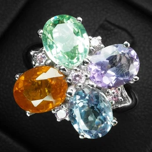 Anillos de plata de ley 925 de oro blanco con zafiro místico multicolor floral de 7,15 quilates - Imagen 1 de 10