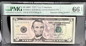 2006 $5 FRN Fancy Super Repeater Serial Number 72727272 PMG GEM 66 EPQ - Picture 1 of 2