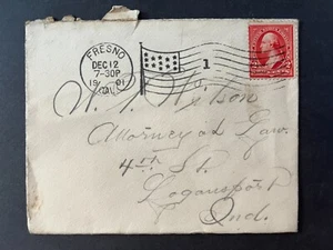 1901 Mr. Wilson Fresno California Logansport Indiana Flag Cancel 2 Cent Cover - Picture 1 of 2
