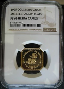 Colombia 1975 Gold 2000 Pesos NGC PF-69 Ult.Cameo MEDELLIN ANNIVARSARY - Picture 1 of 3