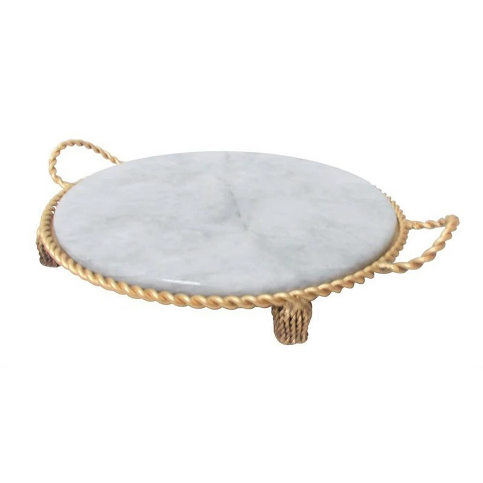Luxe Ornate Round Gold Swag Tassel Decorative Tray White Marble Twisted Rope Foto 1 de 1