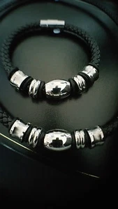 Mens Fathers Day Black Leather Necklace Bracelet Stainless Steel Silver Bead Set - Picture 1 of 8