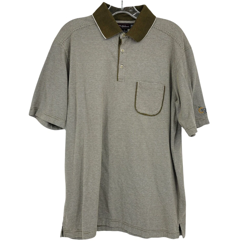 Tommy Bahama Mens M Brown Stripe Short Sleeve 18 Golf Polo Shirt Cotton - Image 1 of 4